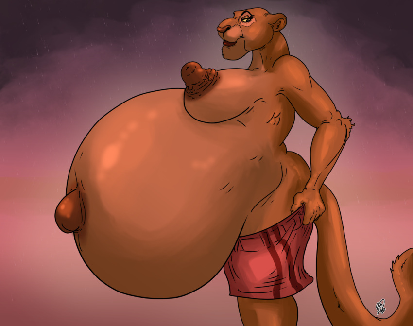 anthro belly big_belly big_breasts bottomwear breasts clothing disney felid female hyper hyper_pregnancy lion mammal mature_female nave navel nipples outie_navel pantherine pregnant sarabi shorts solo somevelvetmorning the_lion_king