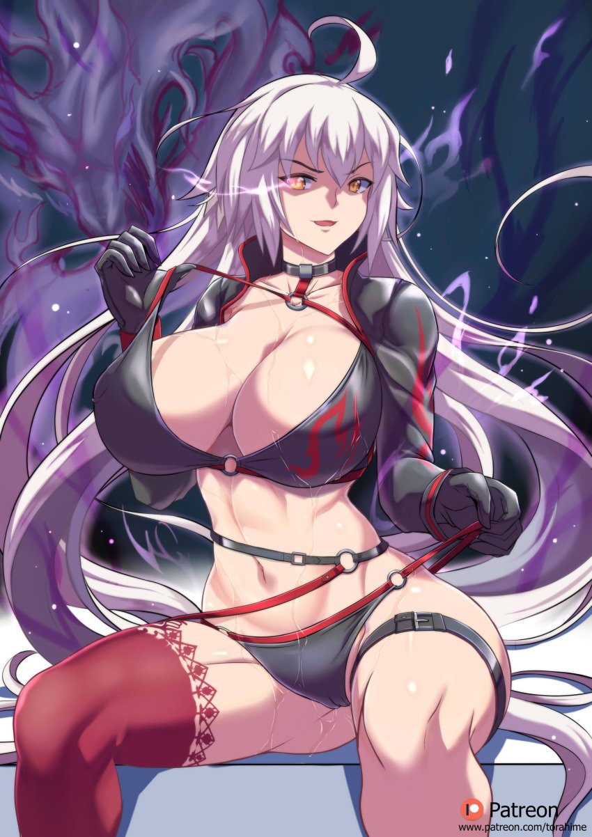 1girls belly belly_button big_breasts breasts busty chains child_bearing_hips covering_nipples covering_pussy crown curvaceous curves curvy curvy_female curvy_figure curvy_hips fate/apocrypha fate/grand_order fate_(series) female female_only fur_scarf hand_on_head hand_under_breasts head_on_hand headgear headwear hips huge_breasts jeanne_alter jeanne_alter_(swimsuit_berserker) jeanne_d'arc jeanne_d'arc_(alter)_(fate) jeanne_d'arc_(fate) jeanne_d'arc_(fate)_(all) jeanne_d'arc_(swimsuit_archer) large_breasts midriff navel smile sweat torahime