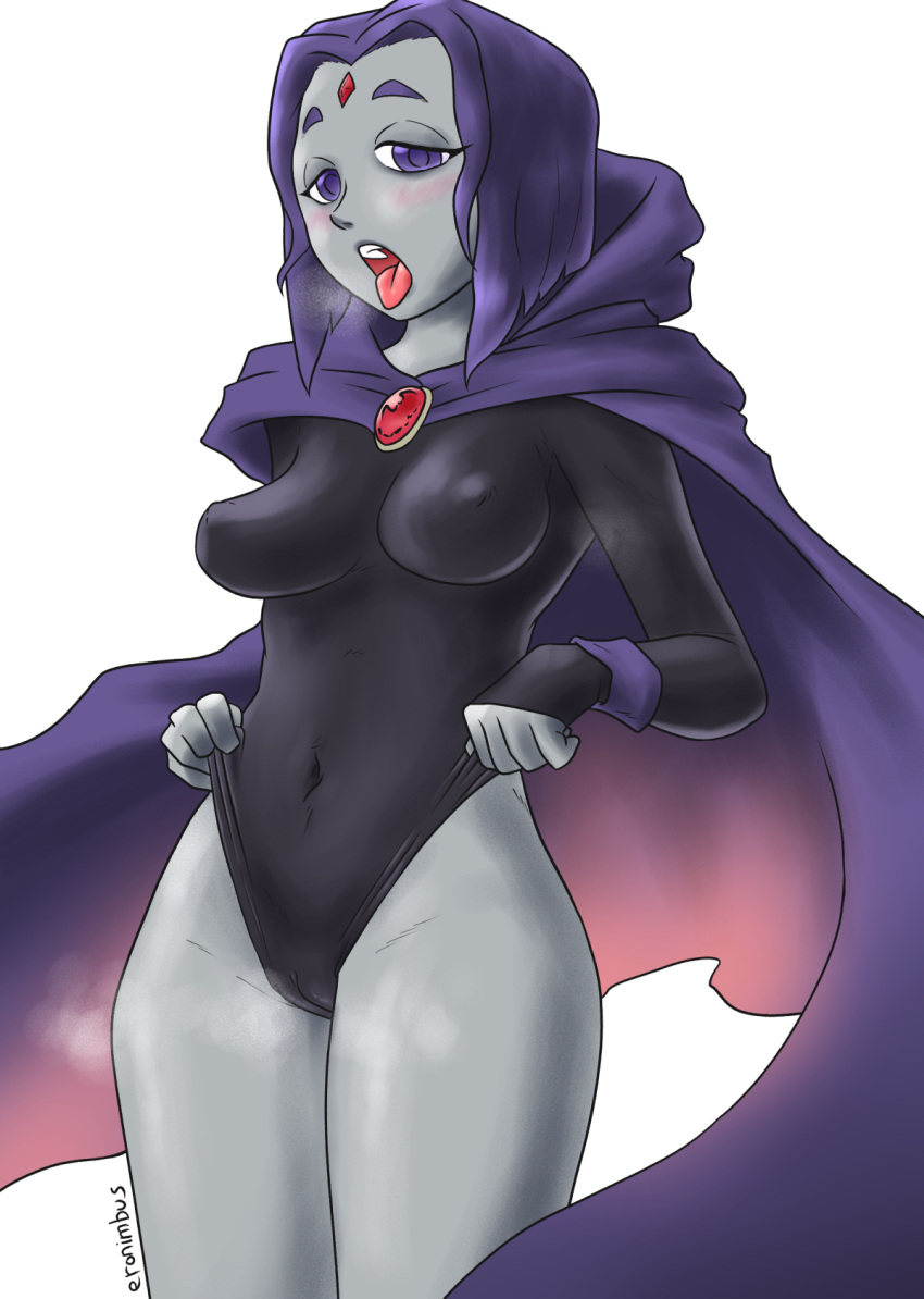 ahegao cameltoe cloak clothing dc dc_comics eronimbus leotard leotard_pull purple_hair rachel_roth raven_(dc) tagme teen_titans tugging tugging_clothing