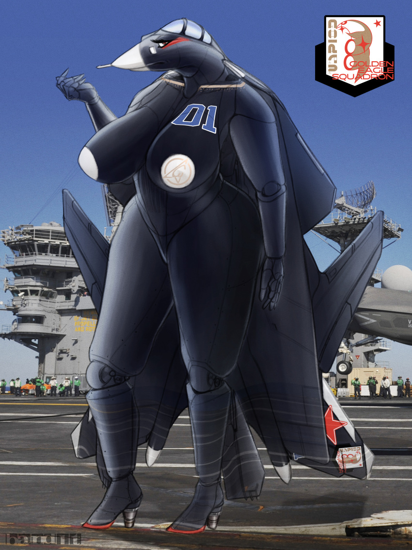 aeromorph aircraft aircraft_carrier airplane band1tnsfw big_breasts black_body busty detailed_background digital_drawing_(artwork) digital_media_(artwork) eyelashes eyeliner heels hi_res high_heels living_aircraft living_machine looking_at_viewer number number_on_body portrait star thick_thighs white_nipples white_nose wings