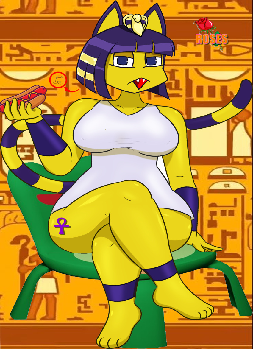 2023 animal_crossing ankha ankha_(animal_crossing) anthro blue_eyes breasts cat_ears cat_tail chair feline female female_only foot_fetish furry nintendo roseartist snooty_villager tagme thick_thighs thighs