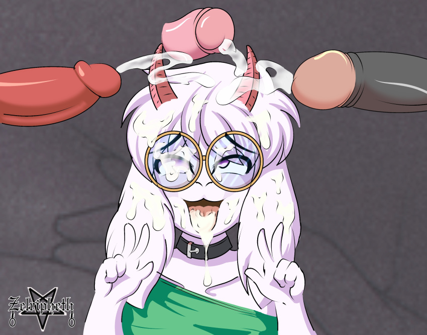 anthro baggy_clothing bodily_fluids bovid bukkake caprine clothing collar cum cum_in_mouth cum_inside cum_on_face cum_on_glasses deltarune disembodied_penis domestic_goat eyewear floppy_ears fur genital_fluids genitals gesture girly glasses goat group hi_res horn male mammal open_mouth penis penis_everywhere pink_eyes ralsei simple_background undertale_(series) v_sign video_games white_body white_fur zelripheth