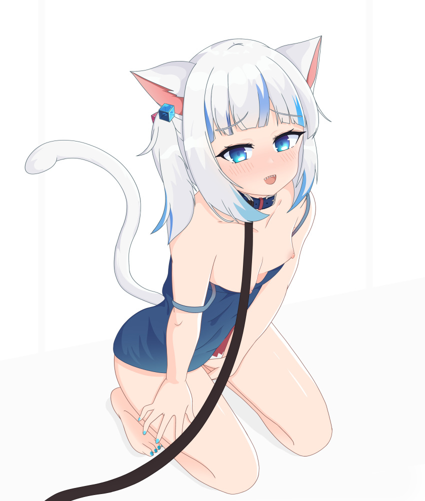 absurdres alternate_costume amrb animal_collar animal_ear_fluff animal_ears bangs bare_shoulders blue_eyes blush breast_slip breasts breasts_out cat_ears cat_girl cat_tail collar collarbone dress embarrassed female female_masturbation fingering gawr_gura gawr_gura_(casual) highres hololive hololive_english hololive_myth implied_fingering implied_masturbation kemonomimi_mode kneeling leash looking_at_viewer looking_up masturbation multicolored_hair nipple_slip nipples official_alternate_costume open_mouth overall_skirt overalls overalls_only pet_play simple_background small_breasts solo streaked_hair tail tail_raised virtual_youtuber