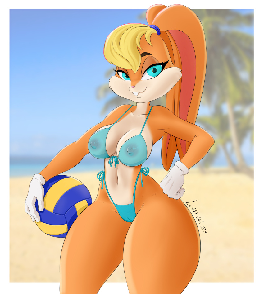 1girls absurd_res alternate_version_available anthro art_of_lian artist_signature beach big_breasts bikini blonde_female blonde_hair blue_eyes breasts cameltoe curvy detailed_background female female_focus female_only hi_res lian_(artist) lola_bunny looking_at_viewer looney_tunes nipples_visible_through_clothing swimwear thick_thighs volley voluptuous warner_brothers wide_hips