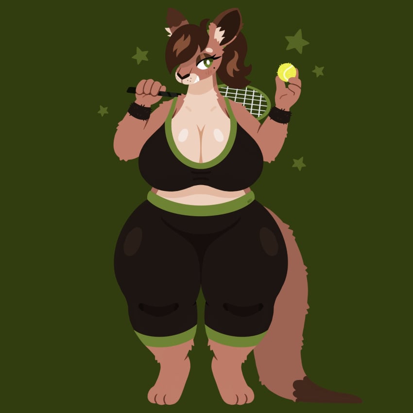 anthro big_breasts breasts brown_fur brown_hair female green_eyes hair_over_one_eye kangaroo naycelium sports_bra tagme tennis_ball thick_thighs yoga_pants