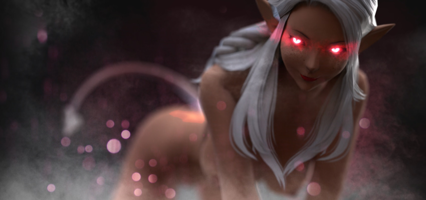 blurred breasts demon_girl elf final_fantasy final_fantasy_xiv fluffy_pic highres humanoid long_ears original_character pink_eyes pointy_ears red_lipstick tail tanline white_hair