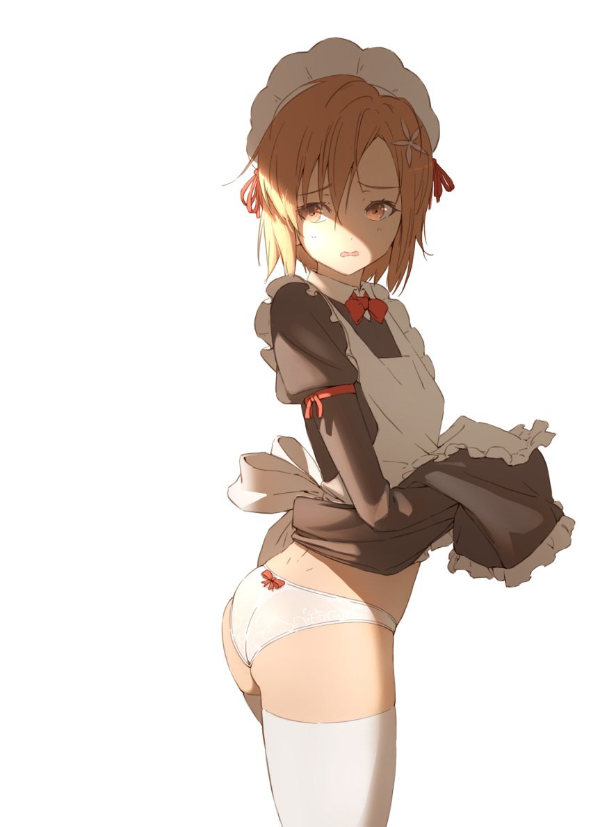 apron ass bangs black_dress boku_wa_tomodachi_ga_sukunai bow bow_panties bowtie brown_eyes brown_hair clothes_lift cowboy_shot d: dress dress_lift female flower frilled_apron frilled_dress frills from_side hair_flower hair_ornament hand_up highres juliet_sleeves kuroneko_pantsu kusunoki_yukimura lifted_by_self long_sleeves looking_at_viewer maid maid_headdress panties parted_bangs puffy_sleeves red_bow red_bowtie shade short_hair simple_background solo standing thighhighs thighs twisted_torso underwear white_panties white_thighhighs