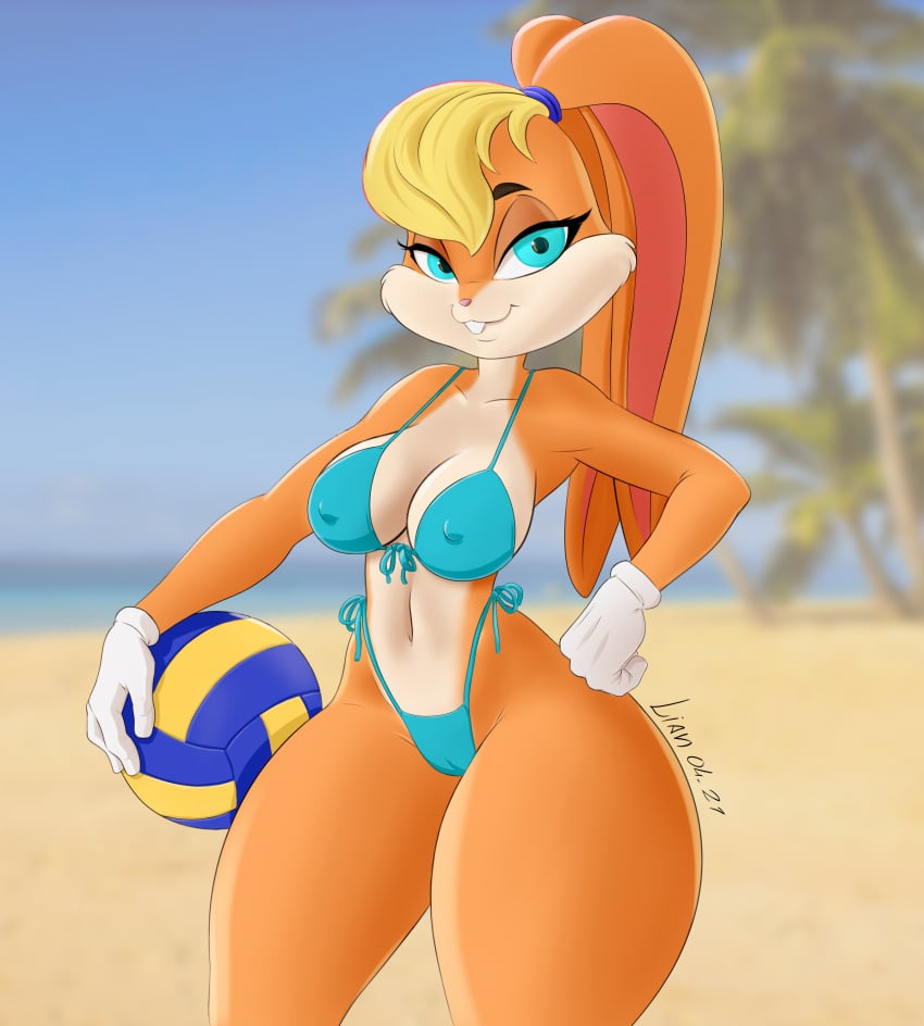 1girls absurd_res alternate_version_available anthro art_of_lian artist_signature beach big_breasts bikini blonde_female blonde_hair blue_eyes breasts cameltoe curvy detailed_background female female_focus female_only hi_res lian_(artist) lola_bunny looking_at_viewer looney_tunes nipples_visible_through_clothing swimwear thick_thighs volley voluptuous warner_brothers wide_hips