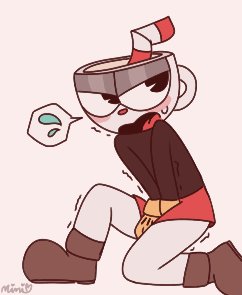 1boy 2022 angry anthro black_shirt blush bottomwear cartoony clothed clothing color cuphead cuphead_(game) desperation drinking_straw embarrassed flat_colors fleischer_style_toon footwear for_a_head fully_clothed gloves half-closed_eyes hands_on_crotch handwear holding_crotch humiliation long_sleeves male object_head omorashi open_mouth pac-man_eyes pie_cut_eyes raku_sarvin red_nose red_shorts satire shaking shoes shorts simple_background sitting solo solo_male speech_bubble straw sweat sweatdrop teenager toony topwear trembling video_games white_background white_body yellow_gloves young