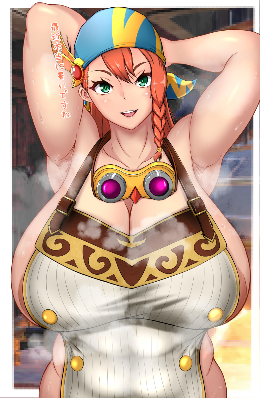 1girls armpits bandana big_breasts braided_hair breasts eye_contact female female_only green_eyes huge_breasts long_hair looking_at_viewer minayle monster_hunter monster_hunter_rise orange_hair sexy_armpits smile solo solo_female sweat sweatdrop toned toned_female upper_body voluptuous wlcmt