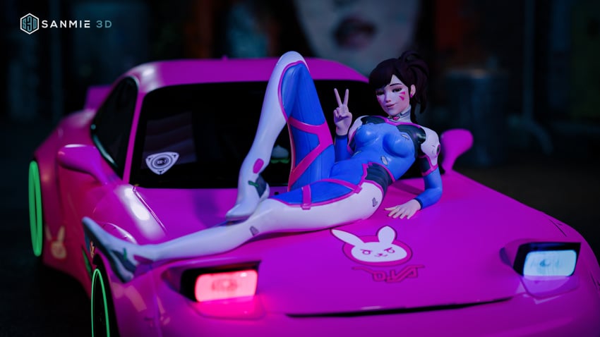 1girls 3d alternate_version_available blender blush car d.va female female_only fully_clothed hana_song lying_on_side mazda mazda_rx-7 night outdoors outside overwatch pinup rx-7 rx7 sanmie3d solo tagme wallpaper