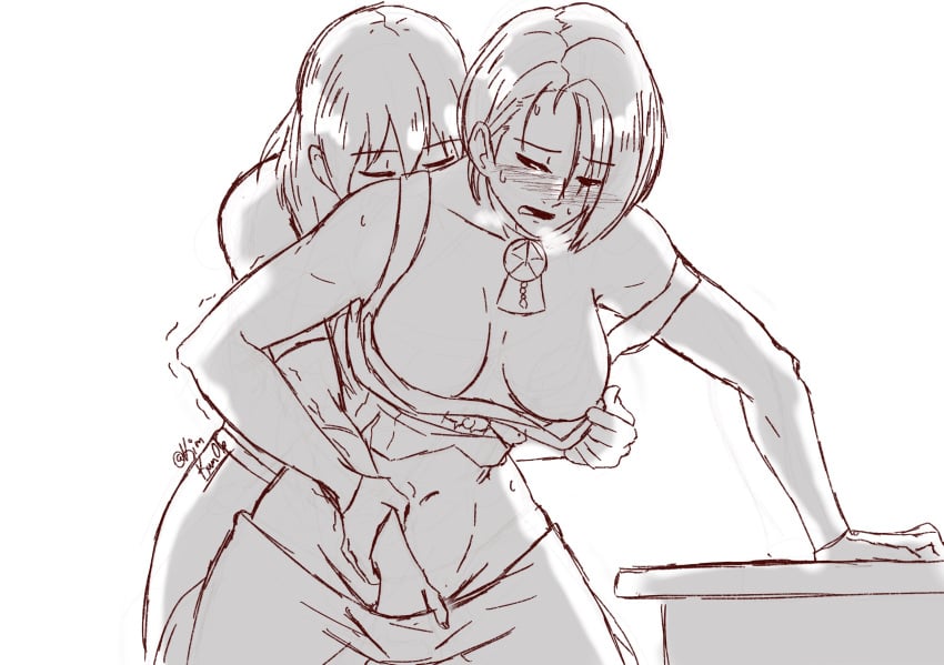 2girls blush breasts_out byleth_(fire_emblem) byleth_(fire_emblem)_(female) fingering fingering_under_clothes fire_emblem fire_emblem:_three_houses from_behind grabbing_wrist groping_from_behind kiora06 kissing_shoulder looking_pleasured monochrome nintendo nipple_pinch reach_around sex sex_from_behind shamir_nevrand standing trembling undressing white_background yuri