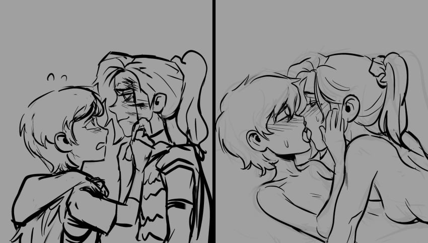 2girls amphibia bangkaigagak blush blush_lines comic disney disney_channel disney_xd female_only kiss kissing lesbian lesbian_kiss marcy_wu medium_hair monochrome ponytail rough_sketch sasha_waybright short_hair smooth_skin tagme tongue_kiss yuri