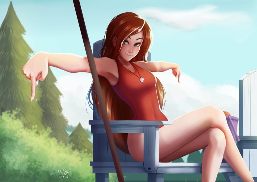 armpits bushes disney gravity_falls green_eyes pool red_eyes red_hair red_swimsuit seductive_eyes seductive_look seductive_smile sitting smile smiling straight_hair swimsuit the-park trees wendy_corduroy