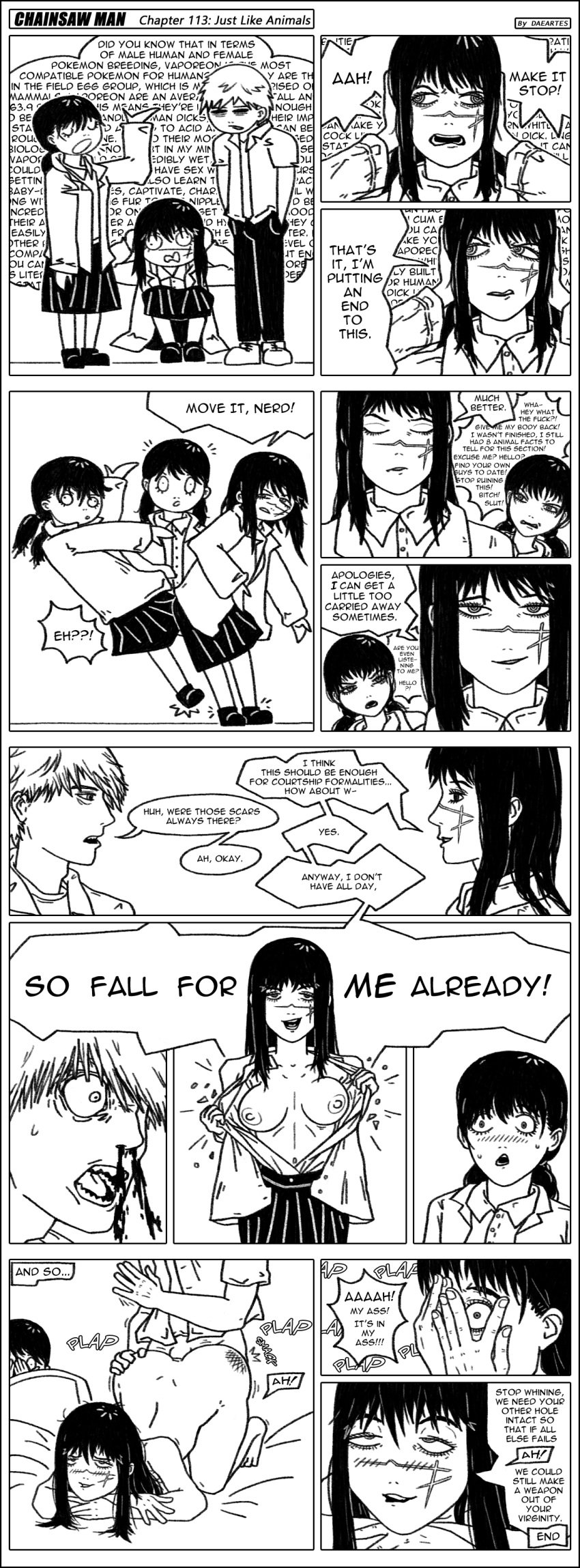 1boy 1girls 2girls anal anal_sex annoyed_expression arched_back ass ass_up assertive_female being_watched black_and_white black_hair blush body_possession breasts_out breasts_out_of_clothes bursting_breasts chainsaw_man clothed clothing comic comic_strip covering_ears covering_eyes covering_face cucked_by_self cuckquean daeartes denji_(chainsaw_man) dialogue doggy_style english_text eyes_rolling_back facial_scar flashing flashing_breasts forced_to_watch human humor long_hair male_penetrating_female meme mischievous_smile mitaka_asa monochrome no_bra nosebleed nude personality_change pleasure_face possessed possession pushing_away ripping_shirt scar_on_face scared_expression seducing seductive sex shocked_expression skirt spanking spanking_ass speech_bubble straight takeover text text_bubble top-down_bottom-up twintails vaporeon_copypasta watching yoru_(chainsaw_man)