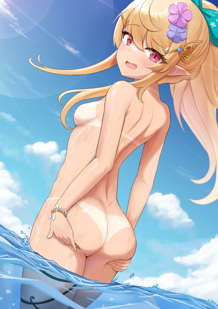 1girls ass back back_view blonde_female blonde_hair bracelet completely_nude fairy flower_in_hair grabbing grabbing_own_ass hair_ribbon looking_at_viewer looking_back nijisanji nijisanji_en nude nude_female pointy_ears pomu_rainpuff ponytail red_eyes sea side_view sideboob small_breasts solo solo_female solo_focus splash tan_body tanline telomere virtual_youtuber water wet wet_body wet_skin