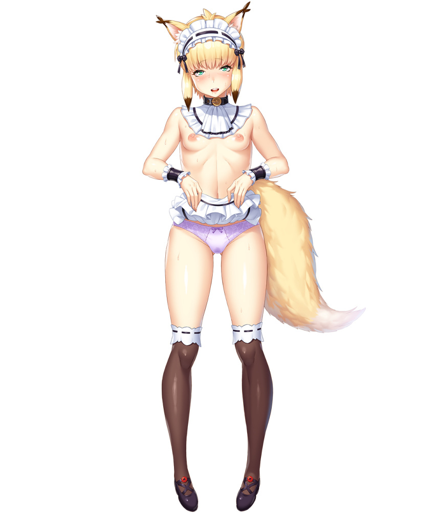 animal_humanoid areola black_shoe blonde_hair blush bodily_fluids bottomwear bow_panties bridget_(taimanin_asagi) canid canid_humanoid canine canine_humanoid clothed clothing clothing_lift digital_media_(artwork) female flat_chested fox_humanoid genital_fluids green_eyes hair hi_res humanoid inner_ear_fluff legwear light_body light_skin mammal mammal_humanoid nipples nobushito panties pink_clothing pink_panties pink_underwear pussy_juice skirt skirt_lift solo stockings sweat taimanin_(series) taimanin_asagi tuft underwear yellow_tail