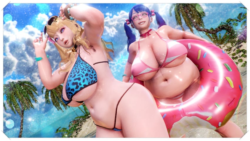 2girls 3d big_breasts bikini blonde_female blonde_hair blue_hair breasts busty curvaceous curvy curvy_body curvy_female curvy_figure female_focus female_only galko glasses gyaru huge_breasts large_breasts nikuko_(galko) oshiete!_galko-chan smiling twintails voluptuous yaotama