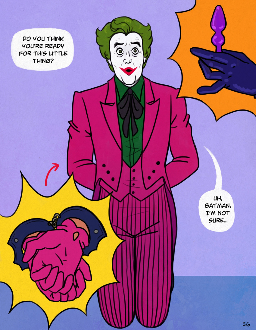 adam_west anal awkward batjokes batman batman_66 bondage buttplug cesar_romero clown clown_makeup dc dc_comics fully_clothed garrett_strangelove gay gloves handcuffed handcuffs joker kneeling male male_only nervous on_knees plug_(sex_toy) submissive submissive_male younger_dom_older_sub