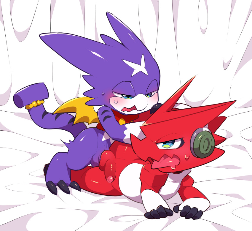 absurd_res anal anthro balls bandai_namco bed blush digimon digimon_(species) duo erection furniture genitals gumdramon hentaib hi_res looking_pleasured male male/male male_penetrated male_penetrating male_penetrating_male penetration penis purple_body red_body sex shoutmon