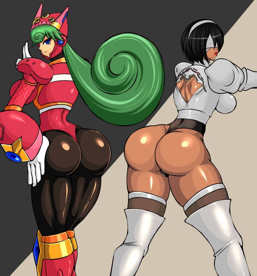 2girls ass ass_focus big_ass duo female marino mega_man mega_man_x multiple_girls nier nier:_automata tagme touijou777 yorha_2p