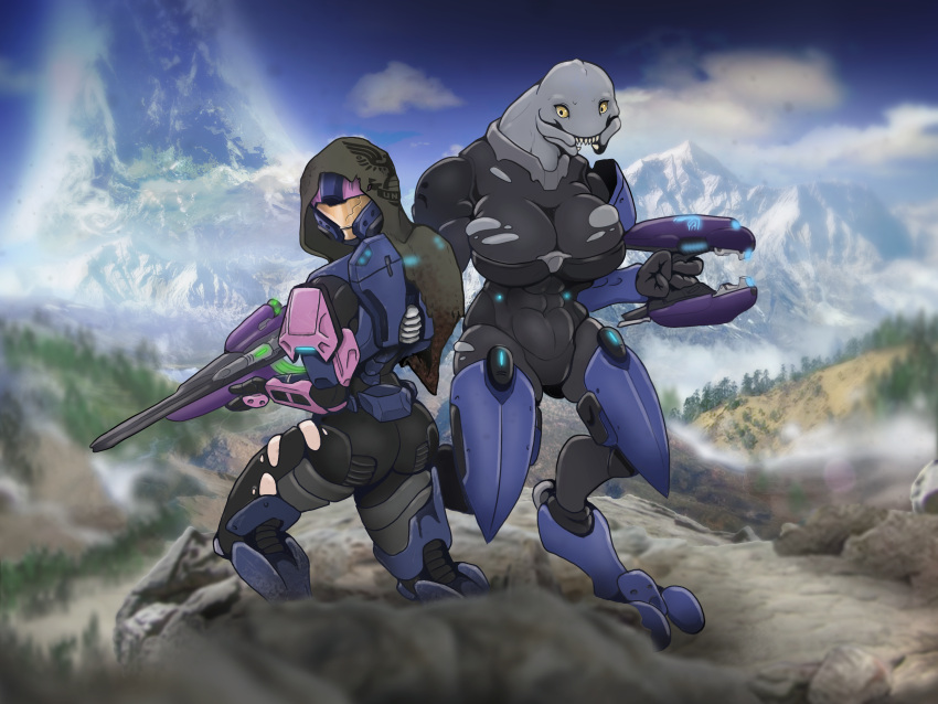 1girls 2d alien armor big_ass big_breasts big_penis clothed clothing duo elite_(halo) female female_sangheili female_spartan_(halo) fully_clothed halo halo_(game) halo_(series) human humanoid reptile sangheili spartan_(halo) standing torn_clothes torn_clothing twinkubus