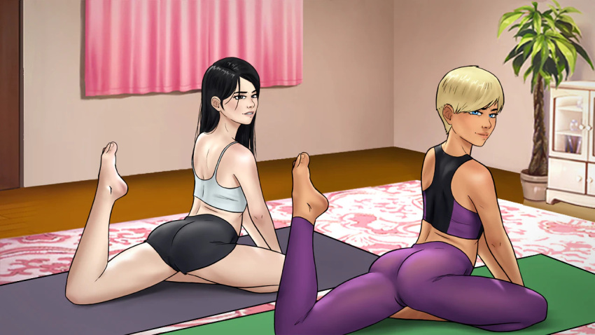 2girls barefoot black_hair blonde_female blonde_hair blue_eyes clothed color colored feet female_only long_black_hair long_hair looking_back pechi short_hair tamas_awakening whiteleaf_studio yoga yoga_pants yoga_pose