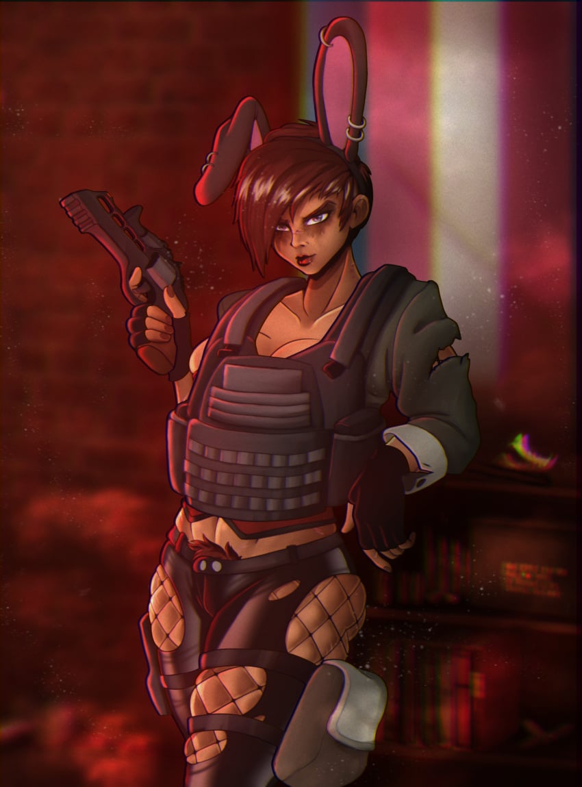 armor bunny_ears corset fanart firearm fishnets goth gun handgun muscle muscle_girl muscles project_zomboid punk revolver torn_clothes twinkubus weapon