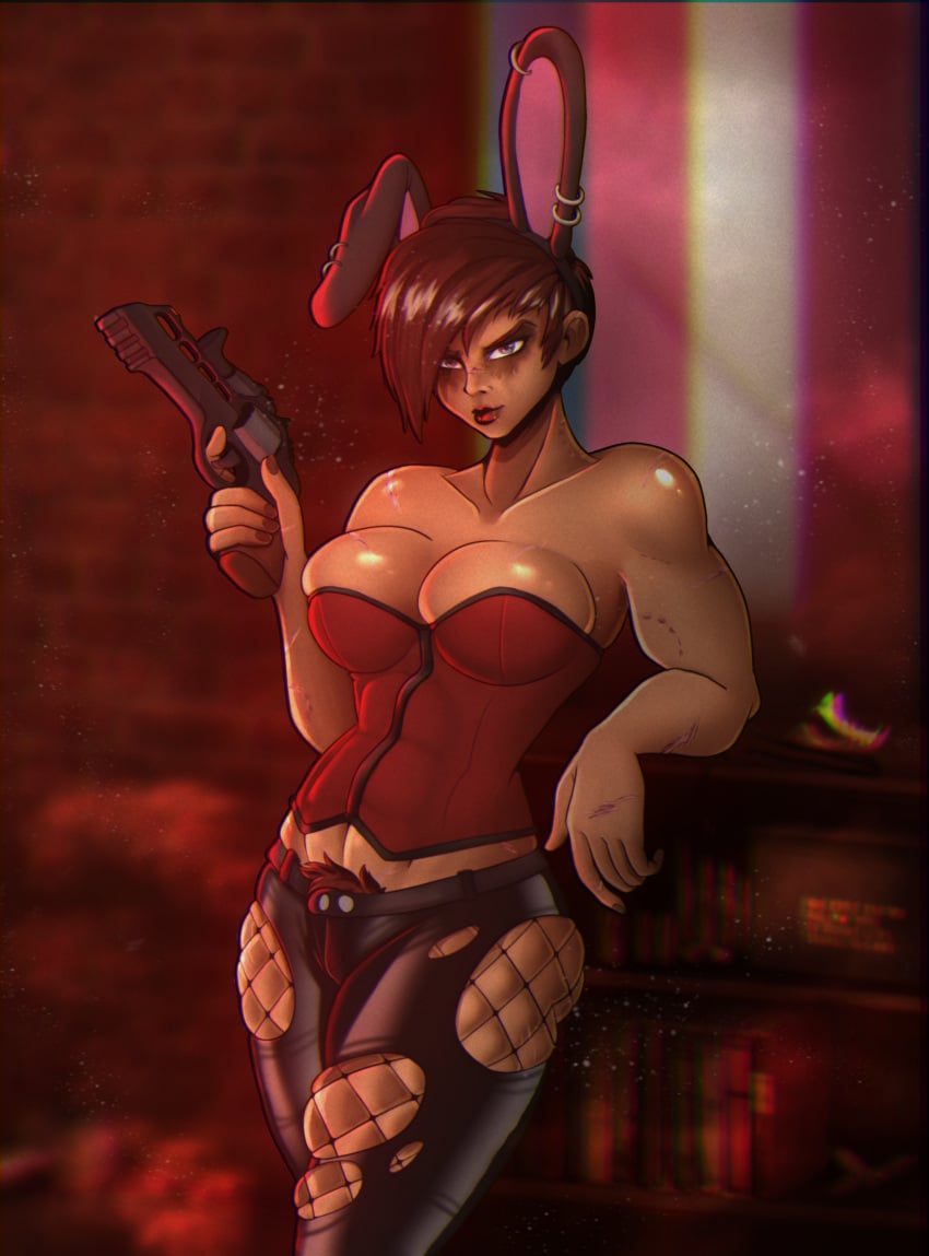 1girls bunny_ears corset fanart female female_only firearm fishnets goth gun handgun muscle muscle_girl muscles project_zomboid punk revolver solo torn_clothes twinkubus weapon