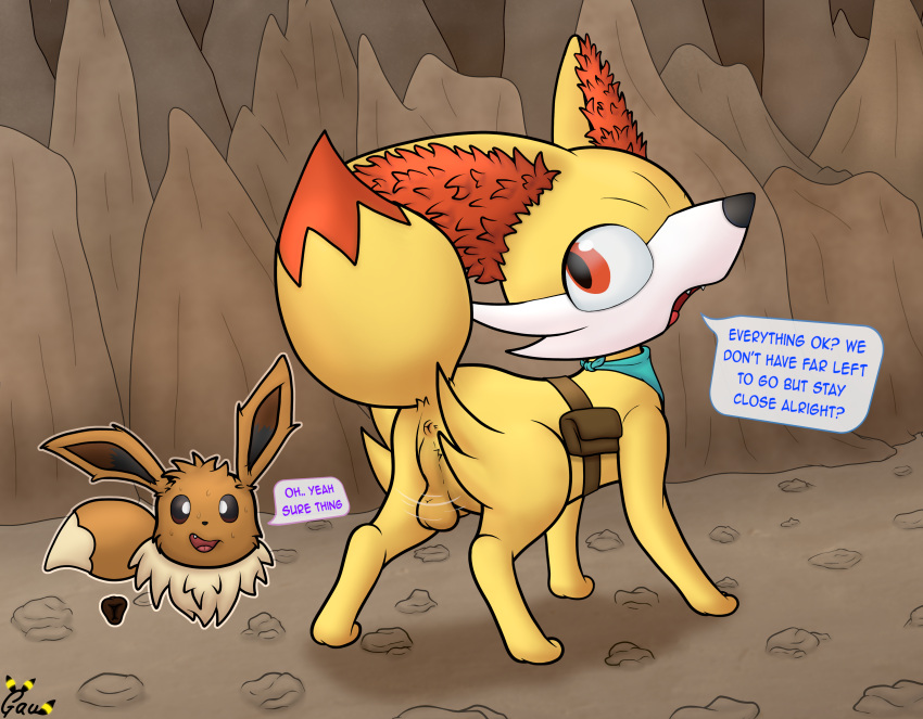 absurd_res anus ass balls bodily_fluids canid canine clothed clothing dialogue duo eevee english_text everstone_guild femboy fennekin feral fur gau_(artist) genitals hi_res kitsu_(gau) male male_fennekin mammal nervous nintendo open_mouth pokémon_(species) pokémon_mystery_dungeon pokemon pokemon_(species) smile stare staring_at_penis sweat text textbox tongue unnamed_character video_games wet