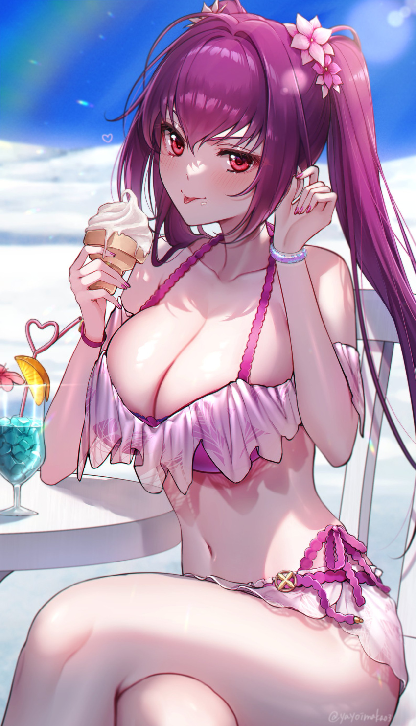 1girls 2022 alternate_hairstyle bangs beach breasts cleavage eyebrows eyebrows_visible_through_hair eyelashes eyelashes_visible_through_hair fate/grand_order fate_(series) female female_only flower_hair_ornament hair hair_between_eyes hair_ornament holding_object huge_breasts ice_cream legs_crossed light-skinned_female light_skin long_bangs long_hair looking_at_viewer naughty_face outdoors purple_hair red_eyes scathach_(fate) scathach_skadi scathach_skadi_(swimsuit_ruler) smile suggestive_look thighs tongue tongue_out twintails yayoi_maka