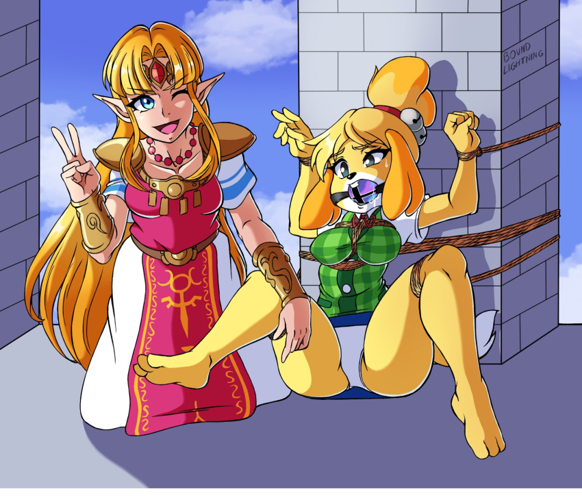 animal_crossing anthro ball_gag ball_gag_embellishment blonde_female blonde_hair blue_eyes bondage bound bound_legs bound_wrists boundlightning embellished_ball_gag female female_domination femdom femsub gag gagged green_eyes isabelle_(animal_crossing) looking_at_viewer nintendo open-mouth_smile panties princess_zelda restrained rope rope_between_breasts rope_bondage source_request spread_legs super_smash_bros. the_legend_of_zelda tied_to_pole tied_up underwear v wink year_request yuri zelda_(a_link_between_worlds)