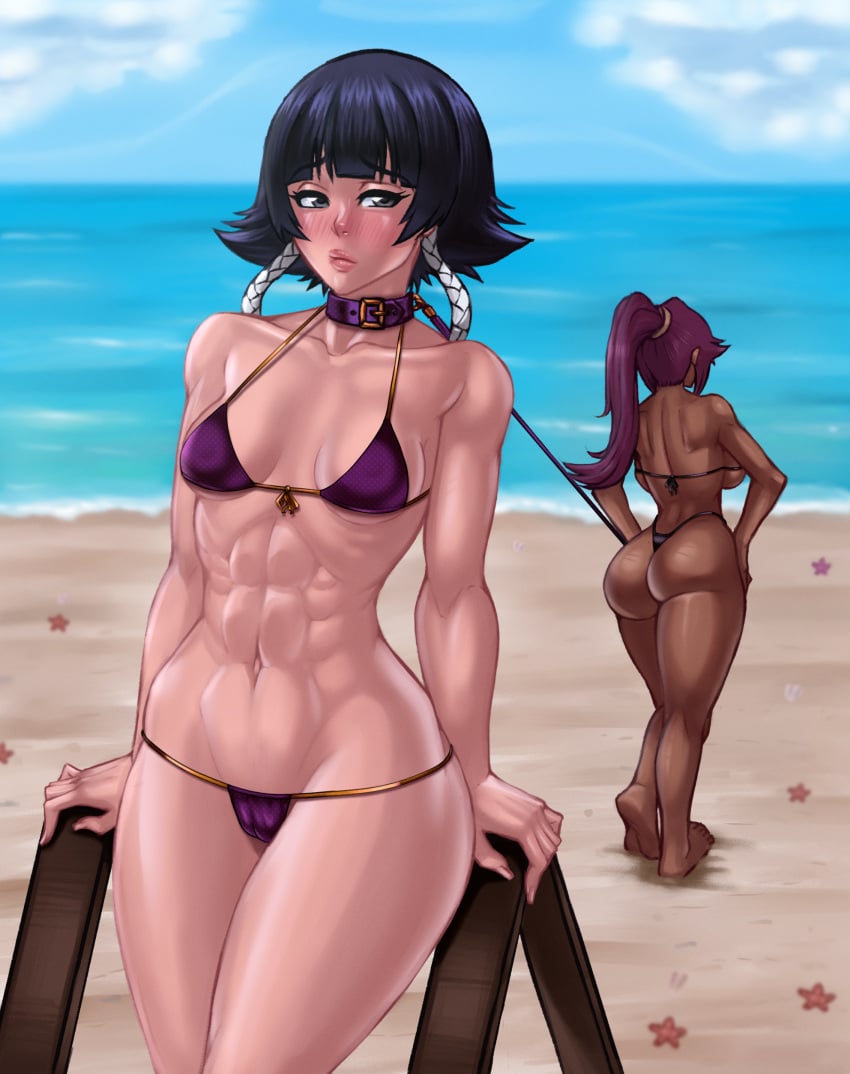 2girls abs ass beach big_ass bikini bleach breasts chocolate_and_vanilla dark-skinned_female dark_skin feet female female_only femsub g-string g-string_only leash light-skinned_female light_skin micro_bikini multiple_girls muscular muscular_female muscular_sub nomo ocean shihouin_yoruichi short_hair shounen_jump small_breasts soifon source_request string_bikini teacher_and_student thick_thighs thong_bikini