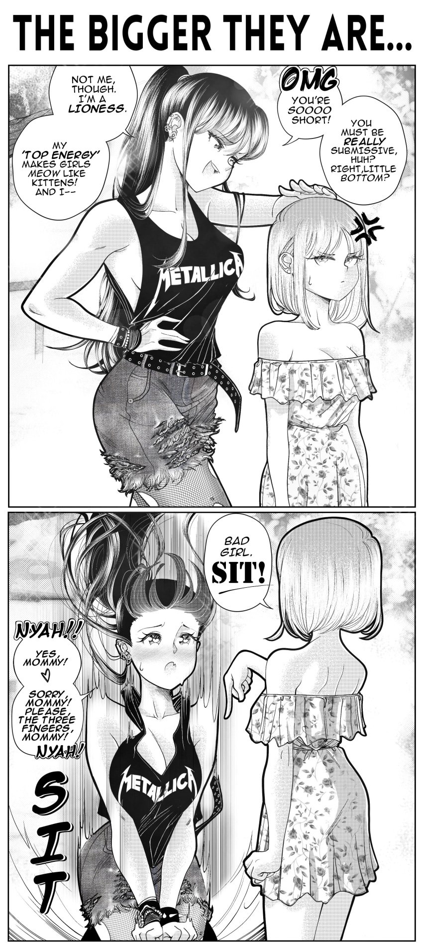 2girls absurd_res anger_vein annoyed asking_for_it before_and_after begging belt big_breasts big_sub_small_top bigger_sub black_and_white blush bracelet breasts cleavage clothed comic command cute defeated dialogue dom_to_sub domination_loss dress earrings english_text eyelashes eyeliner female female_only femdom femsub fishnets grs- happy_sub head_pat heart-shaped_pupils height_difference hi_res instant_loss_2koma kneeling lezdom lingerie long_hair makeup medium_hair metalhead metallica mommy_kink monochrome multiple_girls no_sex obedience original original_character pantyhose petting ponytail punishment role_reversal sharon_(grs-) she_lost shorts shoulder_length_hair size_difference skirt small_dom_big_sub smaller_dominant smile smirk smug speech_bubble sweatdrop talia_(grs-) tank_top text torn_clothes torn_fishnets torn_jeans yuri