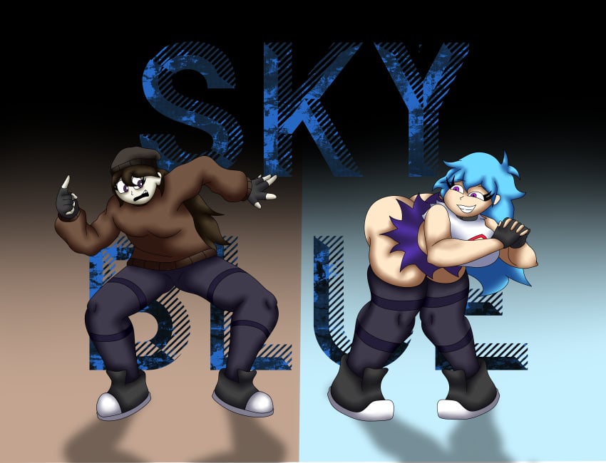 2girls blue_hair fangirl fat_ass fnf fnf_mods friday_night_funkin friday_night_funkin_mod mdraw23 multiple_girls neetblue phantasm purple_eyes sky_(friday_night_funkin) skyblue skyblue_(neet_form)