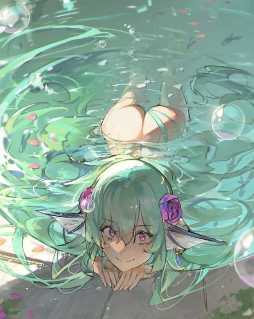 1girls ass female finana_ryugu fish_girl green_hair looking_at_viewer lucadark naked nijisanji nijisanji_en nude solo swimming virtual_youtuber vtuber