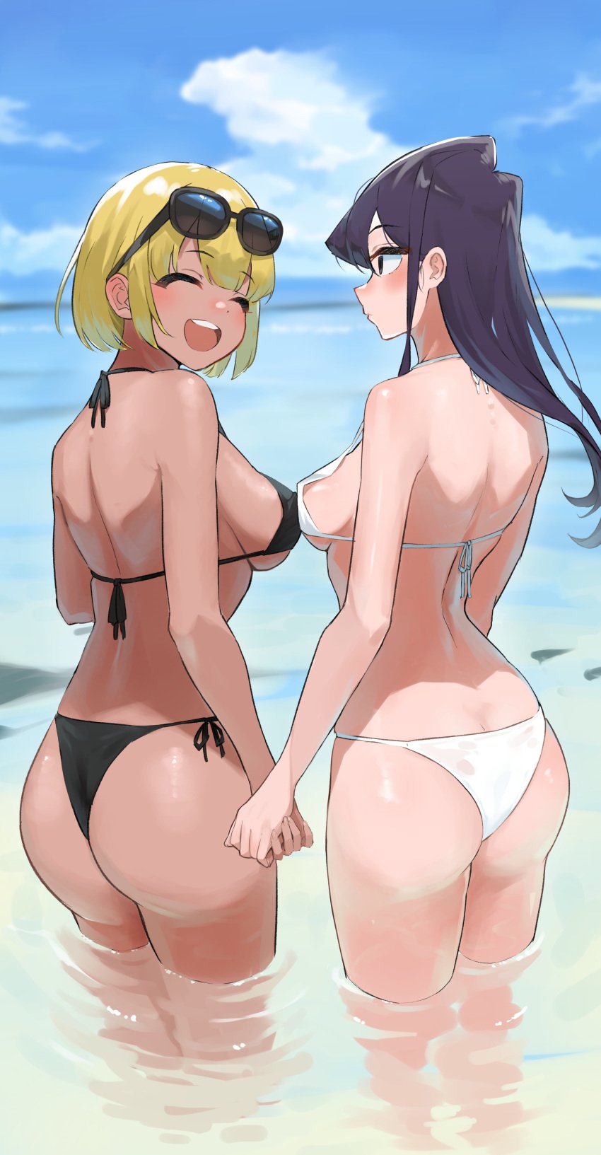 2girls asian asian_female ass bikini black_hair blonde_female blonde_hair blush breasts bubble_ass bubble_butt duo eyewear_on_head female female_focus female_only gyaru happy komi-san_wa_komyushou_desu komi_shouko light_skin long_hair manbagi_rumiko partially_submerged short_hair sunglasses sunglasses_on_head takita tan_skin thighs