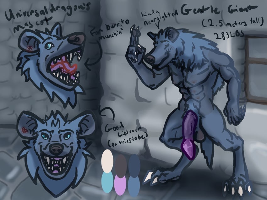 4:3 absurd_res anthro balls big_penis blue_body blue_fur claws fangs fur genitals gnoll heart_piercing hi_res hole_in_ear hyaenid male mammal model_sheet multi_nipple muscular nipples open_mouth penis round_ears smile solo universaldragon