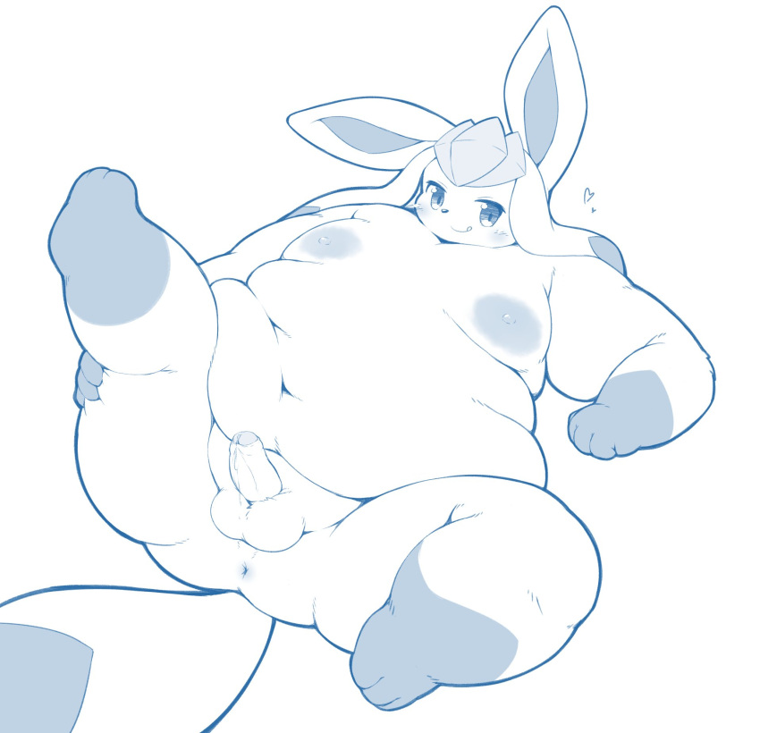 2022 anthro anus ass balls belly big_belly blush eeveelution erection genitals glaceon hi_res kemono lying male male_only moobs nintendo nipples obese obese_male overweight overweight_male penis pokémon_(species) pokemon radiowave solo video_games