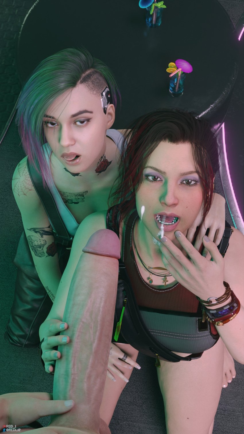 2girls 3d after_oral black_eyes blender_(software) bob_cut bracelet brown_eyes cd_projekt_red claire_russell cyberpunk cyberpunk_2077 dark-skinned_female dyed_hair earrings eye_contact female green_hair handjob high_resolution imminent_oral judy_alvarez kneeling light-skinned_female light-skinned_male multicolored_hair necklace oral partial_male petite ponytail pov punk punk_girl purple_hair red-j red_hair red_lj shaved_side tongue_out