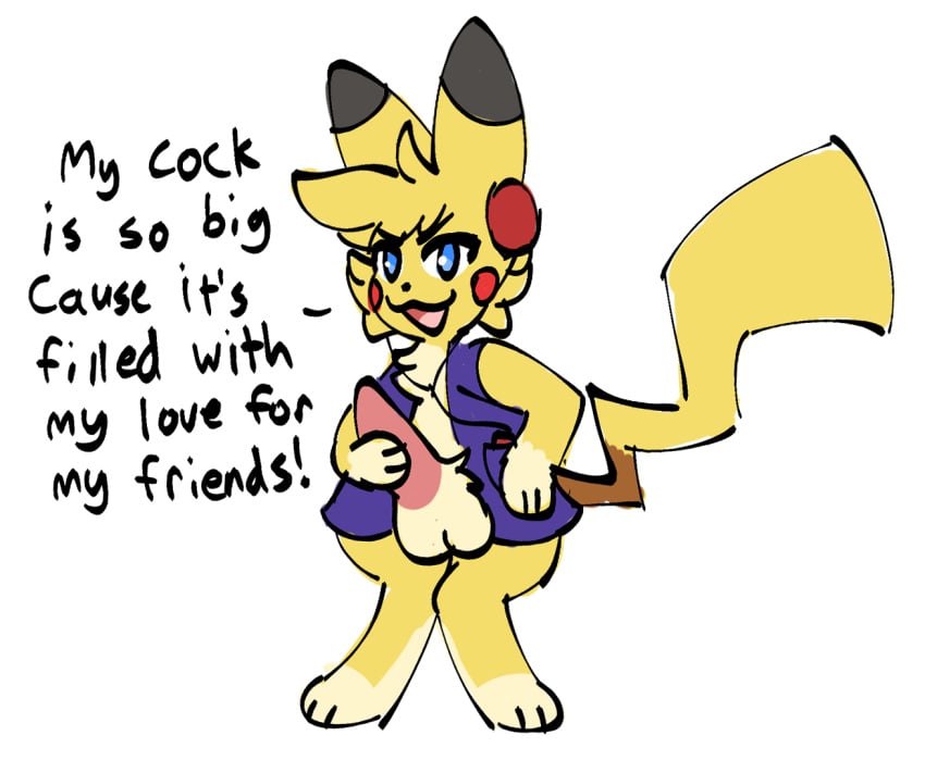 :3 anthro clothing dialogue english_text fluffy fur furry furry_only genitals hand_on_penis headphones jitterclaws male male_only nintendo penis pikachu pikku pokémon_(species) pokemon solo tail text topwear vest video_games