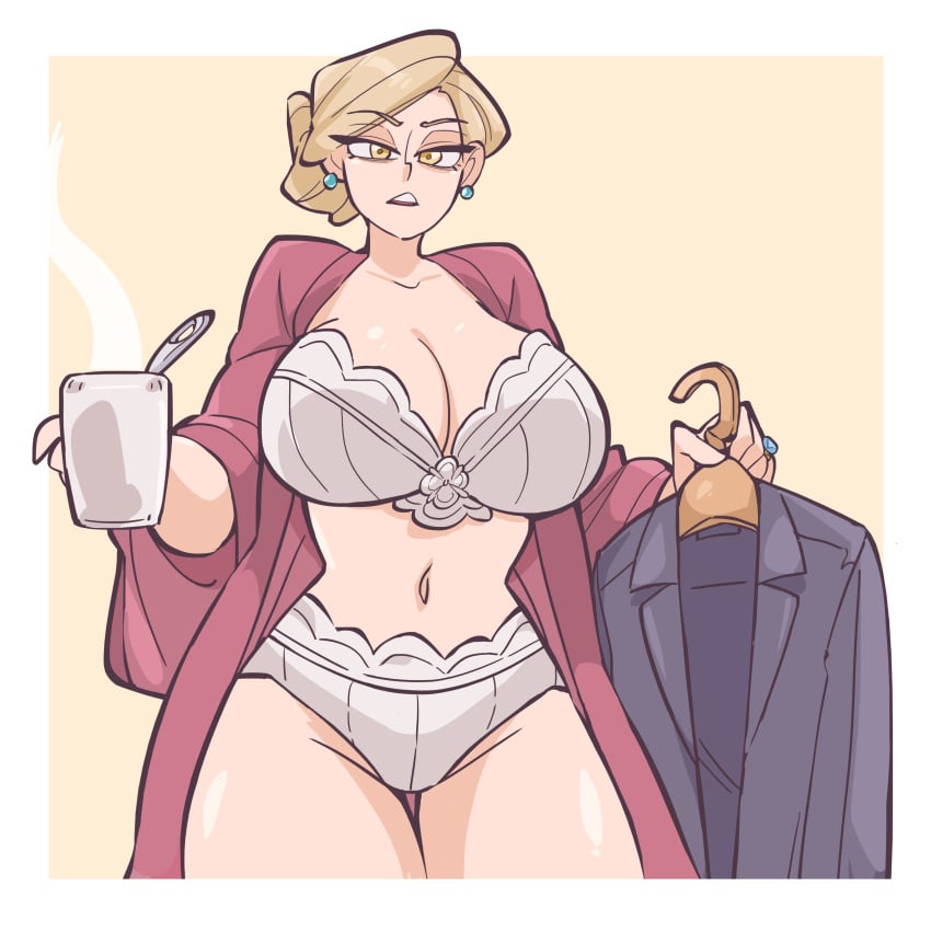 1girls big_breasts blonde_female blonde_hair bra business_suit business_woman coffee coffee_mug earrings eye_contact female female_focus female_only frown looking_at_viewer milf mommy mommy_kink mother original_character ring robe saucymojo underwear wife