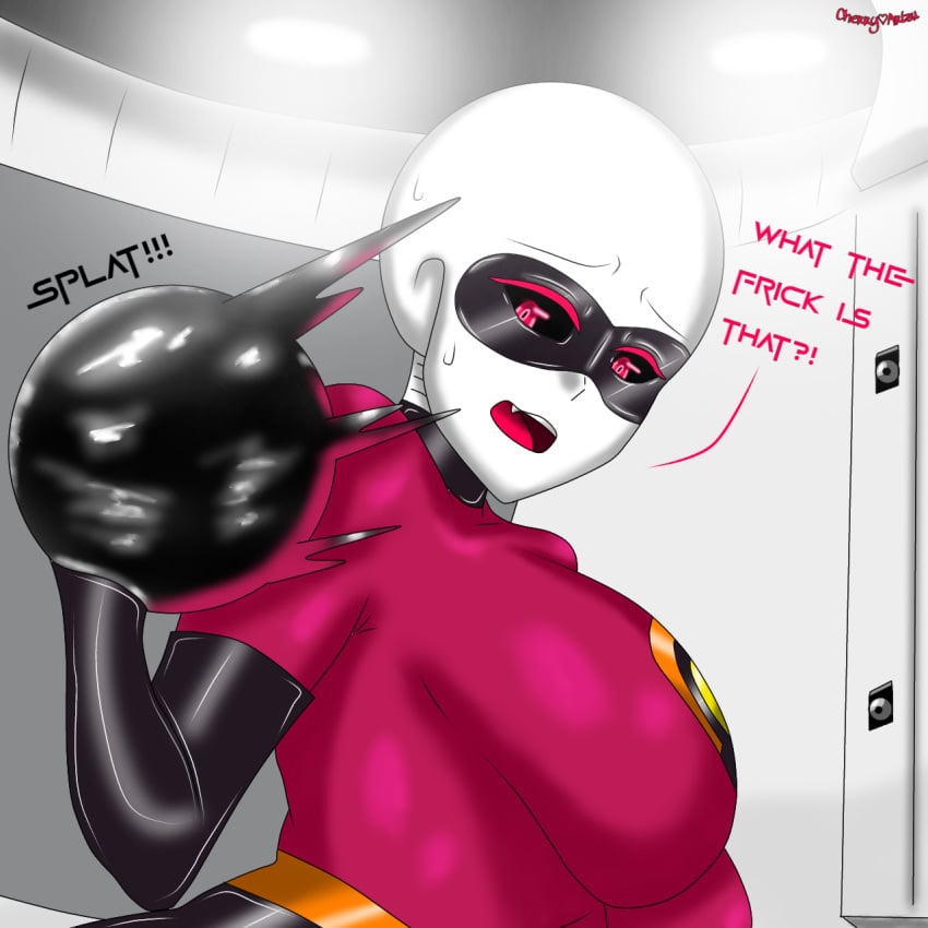 1girls blobs bodysuit caught cherryartsu clothing comic damsel_in_distress english_text female female_only heroine heroine_in_trouble inflatable kronos_unveiled original_character red_eyes smooth_skin solo superheroine the_incredibles