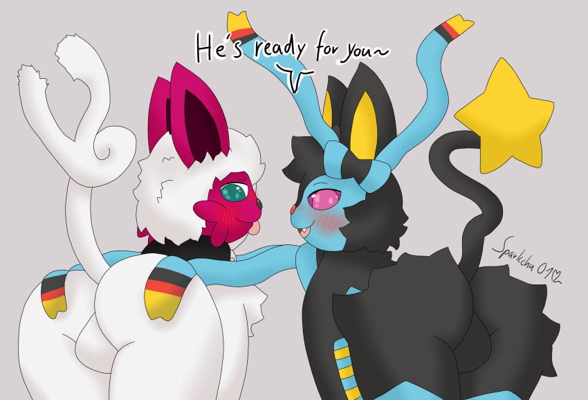 absol absurd_res ass backsack balls big_balls big_butt black_body black_fur blep blue_body blue_fur blush butt_grab duo eeveelution femboy feral fur genitals girly hand_on_butt hi_res hybrid long_fur looking_at_viewer looking_back luxray male male/male male_only male_sylveon natsuki_(absol) neckerchief nintendo offering_to_viewer pokémon_(species) pokemon pokemon_(species) presenting presenting_balls presenting_hindquarters purple_body purple_fur raised_tail sanas sparkchu01 sylveon teasing thick_thighs tongue tongue_out video_games white_body white_fur wide_hips