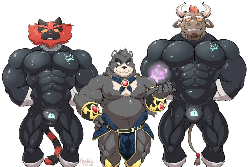 abs anthro biceps black_suit erection furry furry_only hypnosis incineroar maldu male male_only mind_control muscles muscular muscular_male penis pokemon pokemon_(species) trio
