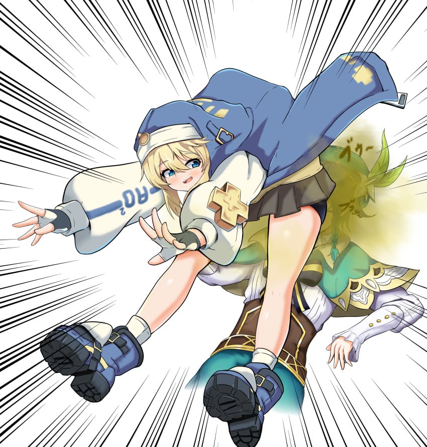 2boys ass_on_face blonde_hair blue_eyes blue_hair braid bridget fart fart_cloud fart_fetish farting farting_in_face femboy genshin_impact girly guilty_gear guilty_gear_strive hat kubang1001 looking_back open_mouth skirt smile venti_(genshin_impact)