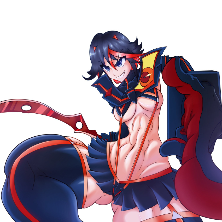 1girls 2020 black_hair blue_eyes female female_only fit fit_female hi_res kill_la_kill lexart_thighzzzz looking_at_viewer matoi_ryuuko medium_hair outstretched_arm red_highlights smiling smiling_at_viewer solo solo_female teeth_showing thick_thighs underboob white_background