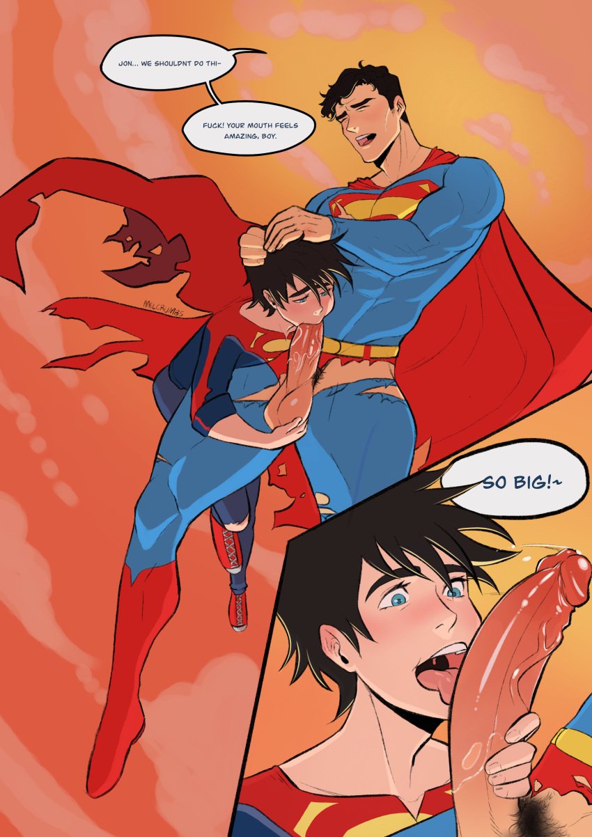 2boys age_difference artist_collab balls balls_grab battle_of_the_supersons big_cock big_penis black_hair blowjob blowjob_face blue_eyes blush boner cape clark_kent cock_gobble cock_hungry cum_hungry curved_cock dc dc_comics dialogue dialogue_bubble dilf english_text erect_penis erection father_and_son flying gay gay_blowjob gay_incest gay_sex giving_head going_down_on hard_on head_grab holding_penis huge_cock huge_penis incest jon-el jonathan_kent kal-el knob_polishing kryptonian licking_penis long_penis looking_at_penis male male_on_male male_only melcrumbs mouth_full_of_cock mouthful muscles muscular muscular_male oral oral_sex pawrncrackers penis_grab penis_out pleasure_face pleasured precum pubic_hair retracted_foreskin saliva_on_penis size_difference sucking_off sucking_penis superboy superboy_(jonathan_kent) superhero superman superman_(clark_kent) superman_(series) teen_boy testicles tongue_out torn_bodysuit veiny_penis