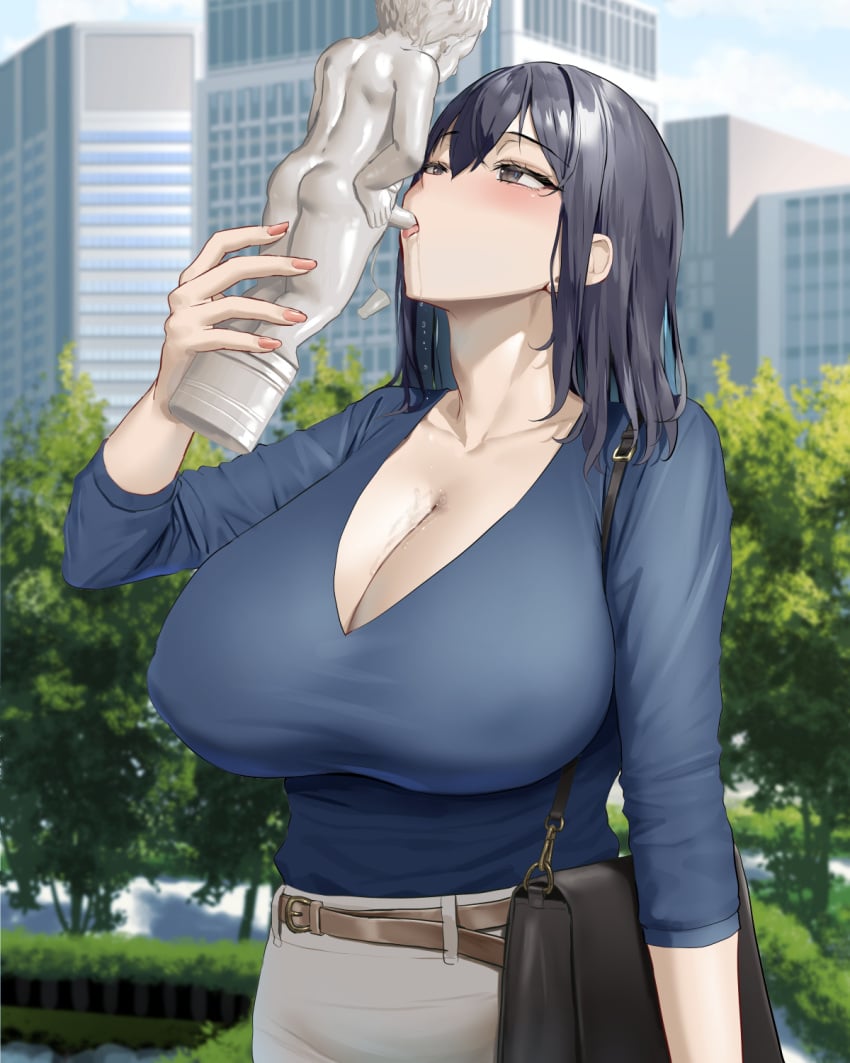 1girls 2022 black_hair blush breasts cleavage clothed clothed_female drinking drinking_water female female_only grey_eyes holding_object huge_breasts long_hair manneken_pis massive_breasts mature_female milf oekakizuki oral_insertion original original_character outdoors suggestive suggestive_imagery water_bottle