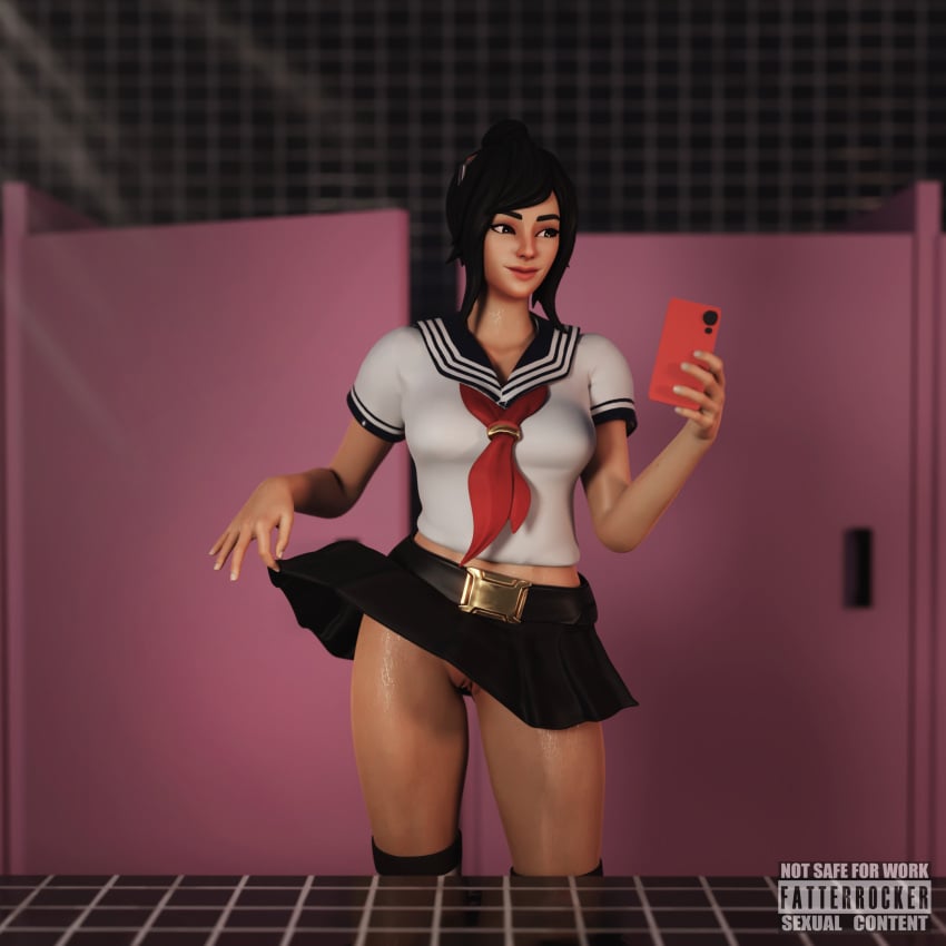 1girls 3d athletic athletic_female black_hair fatterrocker female female_focus female_only fortnite fortnite:_battle_royale light-skinned_female light_skin mirror mirror_selfie no_panties pussy pussy_peek sailor_uniform school_uniform schoolgirl selfie skirt skirt_lift tsuki_(fortnite)